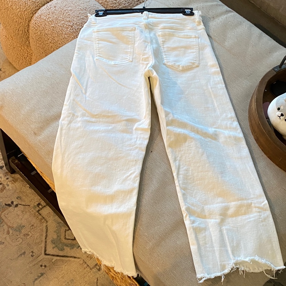 Zara Cream Denim Trousers Jeans Cropped Frayed Soft Medium Weight Stretch Cotton